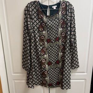 Xhilaration Boho Print Long Sleeve Dress Small Green Burgundy